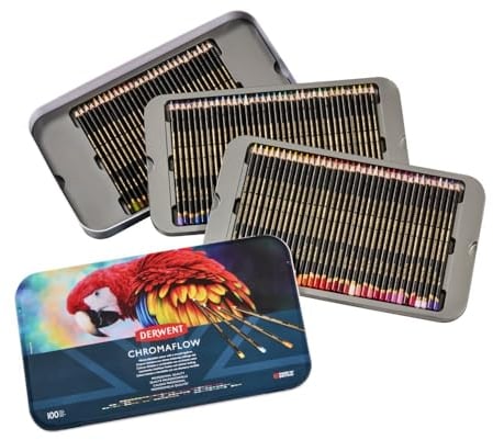 Derwent Chromaflow Buntstifte, 100 Stück in Dose, 3,5 mm runder Kern, Premium-Kernstärke, mischbar mit glatter Textur, ideal zum Zeichnen, Färben & Schichten, professionelle Qualität, 2306062