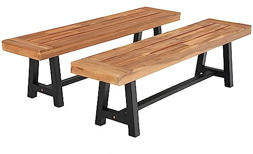 MFSTUDIO Wooden Garden Bench 3 Seater, 100% Acacia Wood Bench, Weather-Resistant, Surface Pre-treated with oil, Outdoor Porch Patio Park Seat Chairs, Teak Color (2)