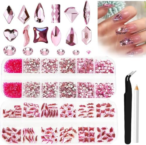 2680 Pcs Pink Rhinestones Nail Gems for Nail Art, Glass Crystals Nail Rhinestones Shiny Assorted Shape Flatback Face Gems with Rhinestones Picker and Tweezers Nail Art Tools