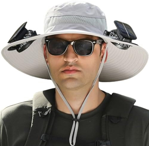Jeeeun Hat with Fan, Solar Fan Hats for Men, Summer Sport Outdoor Hat Cap for Fishing (Light Gray,Unisex)