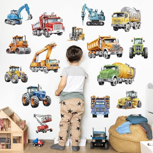 wondever Wandtattoo Fahrzeuge Konstruktion Wandaufkleber Baufahrzeuge Baustelle Traktor Bagger Wandsticker Wanddeko für Kinderzimmer Jungen Babyzimmer Spielzimmer