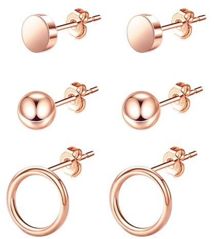 Ohrringe Rosegold Set, Hypoallergen Ohrringe Damen Rosegold, Wasserfeste Goldene Ohrringe Damen, 3 Paar Ohrringe für Mehrere Ohrlöcher, Ohrstecker Rosegold Damen Geschenke für Frauen Valentinstag