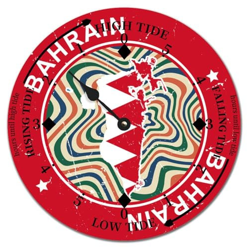 Yelolyio Bahrain Runde Wanduhr, Mond, Gezeitenuhr, Bahrain-Flagge, Karte, Ozeanzeit, Wanduhr, Holzuhr, Küstenuhr mit hoher und niedriger Gezeitendekoration, für Strandhaus, 38,1 x 38,1 cm