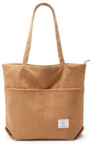KALIDI Cord Tasche Damen Tote Bag Verbessert Shopper Tasche Damen Groß Beuteltasche Umhängetasche mit Reißverschluss Tasche für Schule Arbeit Büro Reisen Einkaufen