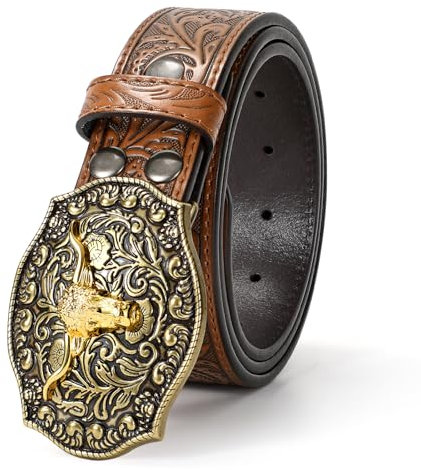 JASGOOD Men Western Cowboy Cowgirl Leather Belt with Longhorn Buckle Engraving Leather Jeans Belt 1.5’’ Wide for Men Women,Brown