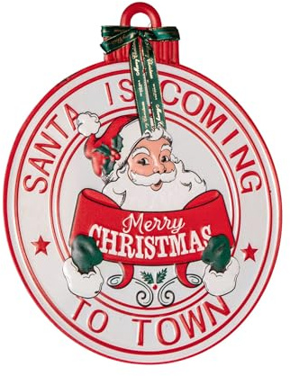 Samuel ALEXANDER 47cm Round Metal Santa is Coming to Town Sign Christmas Wall Decoration in Red & White