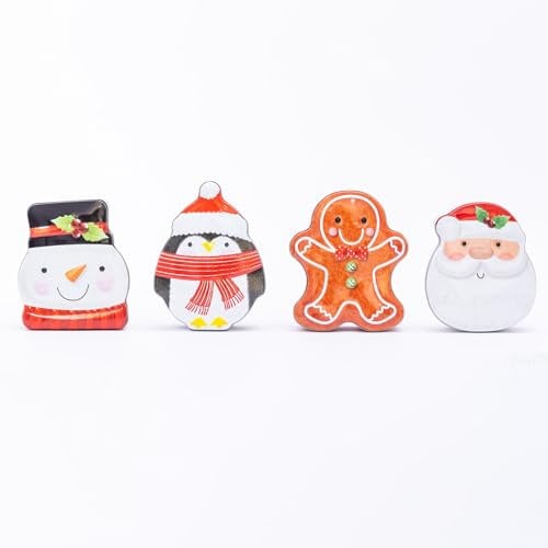 evelay 4 Christmas Tin Box Empty Storage for Cookie Biscuit Cake Shaped Tins Container Canisters with Cute Santa Penguin Snowman Gingerbread Man Design