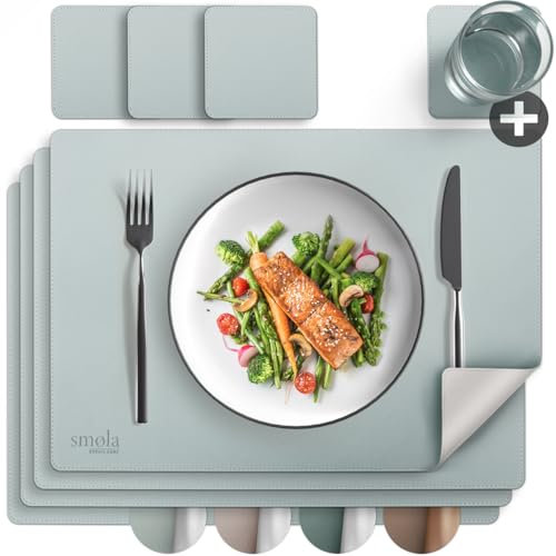 smøla 8-teiliges Tischset aus PU-Leder - inkl. Untersetzer I Platzset Abwaschbar I Platzdeckchen Set in Lederoptik, Tischunterlage für Teller & Gläser I Tischdeko, Blau/Silber