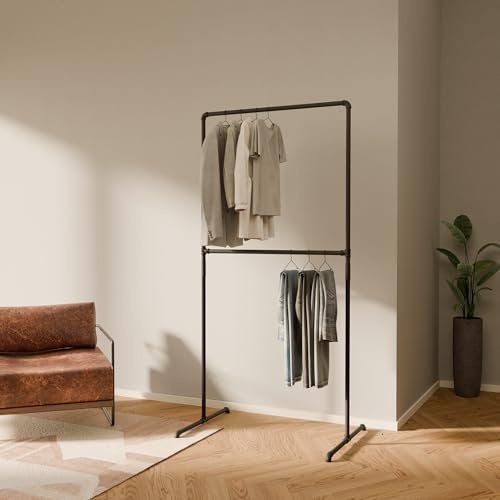 pamo Kleiderständer Schwarz – 99 x 194 cm – Industrial Design Kleiderstange | Traglast 80 kg, Freistehend Garderobenständer, Pulverbeschichtet, Kratz- & Stoßfest, Einfache Montage