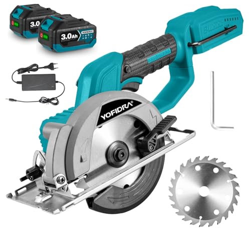 Yofidra Scie Circulaire Sans Fil, 1400W, Mini Scie Circulaire Sans Balais, 6000tr/min, Profondeur de Coupe 51mm, Réglage 0-45°, avec 1 Lame (140mm), Scie Circulaire sans Fil pour Bois, Métal