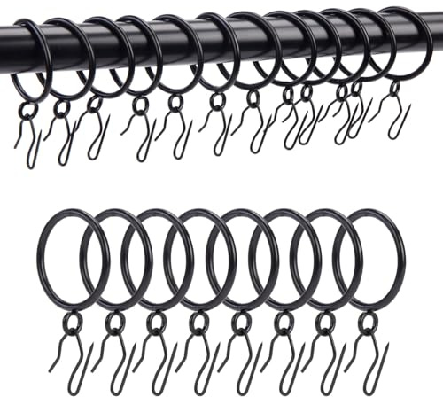 TXZWJZ Gardinenringe mit Haken, rostfreie Metall-Vorhangringe mit Ösen und Faltenhaken für Fenster-, Tür- und Duschvorhänge, Innendurchmesser 2,5 cm, 24 Stück, Schwarz