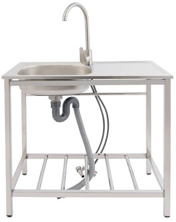 Edelstahl Werkbank Spülbecken Freistehende Einzelbecken-Spüle, Mobile Spüle Edelstahl Küchenspüle, Multifunktions Waschtisch mit Wasserhahn, Spültisch für Outdoor und Camping (Modell A)