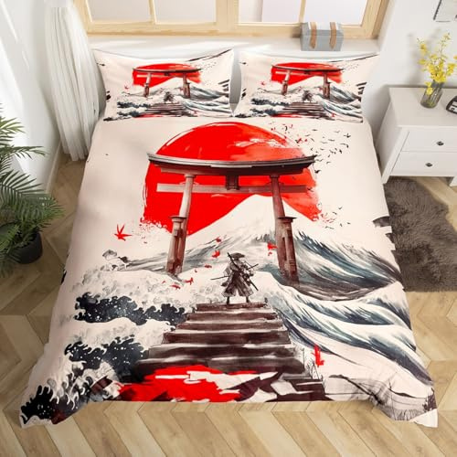 Loussiesd Japanese Ukiyoe Bettwäsche Set 135x200cm für Kinder Jungen Mädchen Japanese Style Weich Betten Japan Samurai Bettbezug Red Sunset Sea Waves Atmungsaktiv Bettwäsche-Set