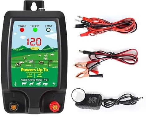 Trsaow Electric Fence Energiser, 12V Electric Fence Tester Insulators Includes Leads and Earth Stake, Weatherproof Kit for Horses, 2 Joule Output,10Km Range