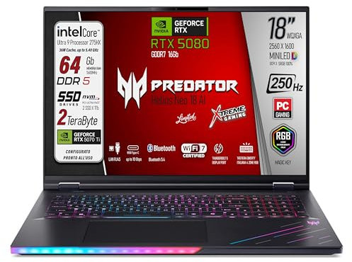 acer Predator Helios 18 Ai Portatile Gaming, Intel Ultra 9-275X, RAM 64 Gb DDR5 SSD 2TB (2x1Tb), Display 18 WQXGA 250Hz MINILED, GeForce RTX 5080 16Gb GDDR7, WI-FI 7, Win 11, Ready to use