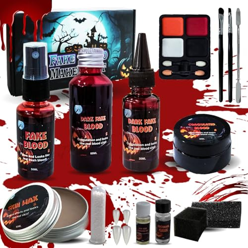 Kunstblut Halloween Schminke 16er,Halloween Schminke Erwachsene Kinder- 60ml+30ml Fake Blood + 30ml Blut Spray + 30g Blutcreme + 40g Narbenwachs für Vampir Zombie Wunden Narben Make Up