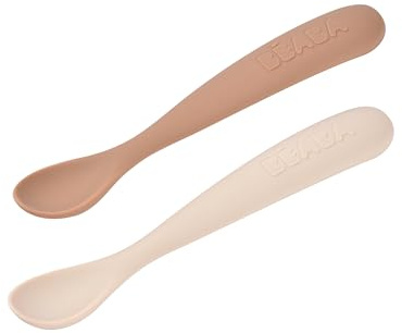 BÉABA, Set di 2 cucchiai in silicone per neonato/bambino 1° età, a partire dai 4 mesi, morbido, punta arrotondata, manico lungo ed ergonomico, scatola per il trasporto, finitura antipolvere, argilla
