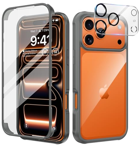 seacosmo für iPhone 17 Pro Hülle mit eingebautem Panzerglas Displayschutz und Kamera Schutzfolie [9H HD], 360 Grad Handyhülle Ganzkörper Stoßfeste iPhone 17 Pro Case - Grau