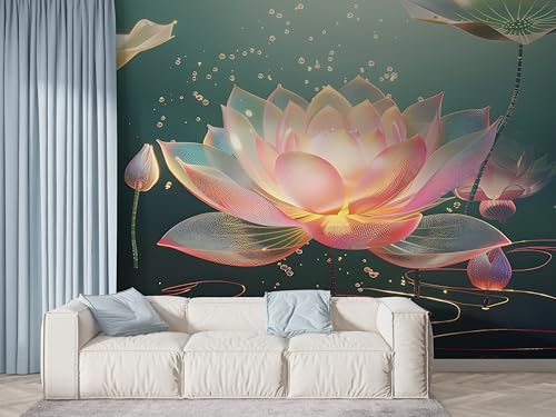 Boceoey Lotus Botanical Wall Mural, Self-Adhesive Peel & Stick Wallpaper, Oriental Flower Watercolor Design Photo Wallpaper for Living Room & Bedroom (450x315 cm), F-440