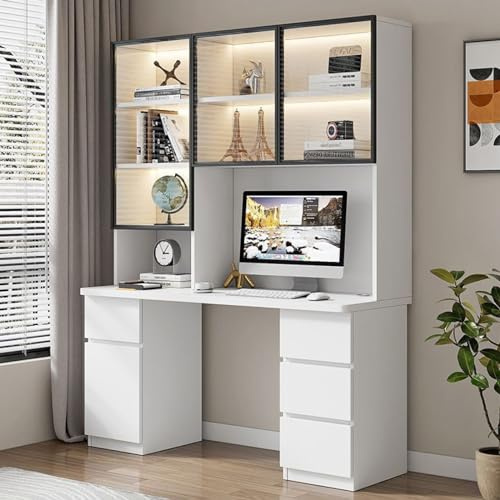 DCLINAD Scrivania per Ufficio con cassetti, scrivania per Computer con Anta in Vetro, scrivania compatta per Ufficio e postazione di Lavoro, scrivania da Studio Moderna