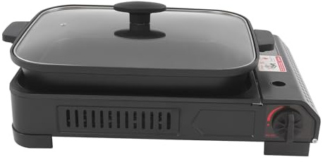 KKVUIIFF - Camping Gasgrill, 2.1KW Butan Campingkocher mit Grillpfanne, Grillpfannenhalter und Deckel, für Grillen, Braten, 45 x 30.5 x 8.5cm