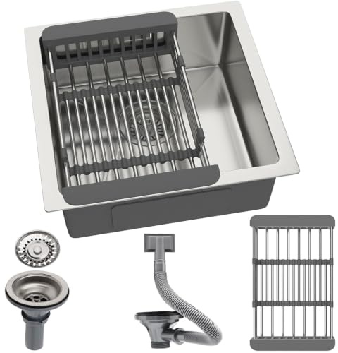 Geworzi Fregadero de cocina de acero inoxidable 304, 40 x 40 cm, fregadero pequeño con desbordamiento, kit de desagüe, apto para baño, exterior, caravana, viajes, cepillado