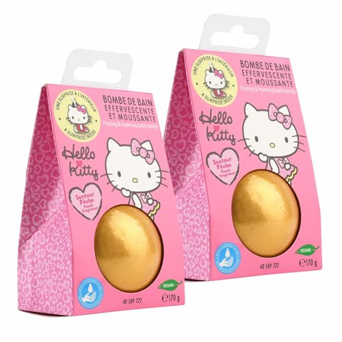 Home-Flair Paw Hello Kitty Badebombe - große Badekugel Gold - 170g Schaum-Effekt - VEGAN - mit Überraschungsanhänger (Hello Kitty, 2 Kugeln)