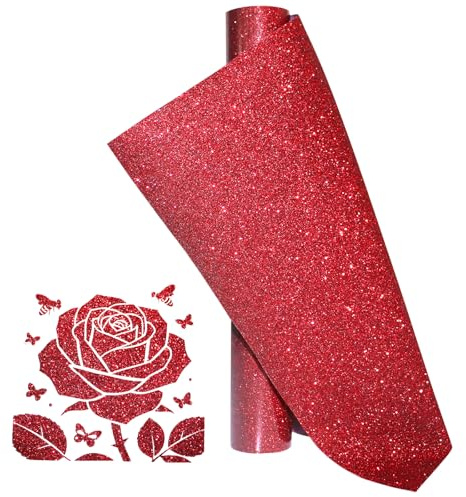 Glitter Red Heat Transfer Vinyl Roll, 12 x 5 Feet, Iron on HTV for T-Shirts, DIY Design, Silhouette Cameo, Heat Press Machine