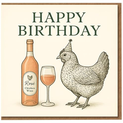 Funny Birthday Card - Chicken in Party Hat with Rosé Wine Bottle and Glass - Pun Humour for Wine Lovers, Friends, Him or Her