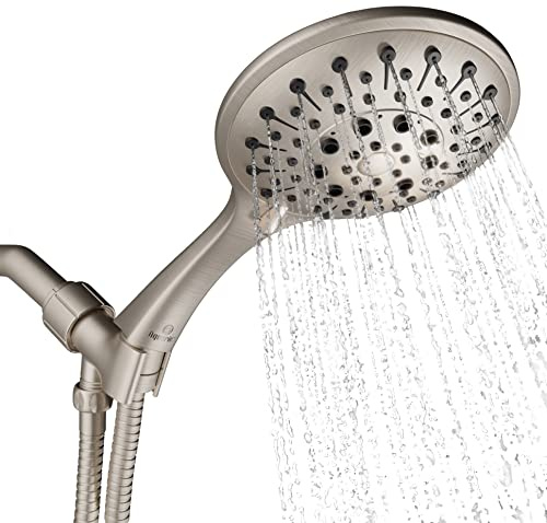 Aquarius Handbrause aus gebürstetem Nickel mit Schlauch (extra lang), luxuriös, Spa-Qualität, Hochdruck-Handbrause, mit 6 Sprüheinstellungen, verstellbarer Messingkugelhalter und Teflonband