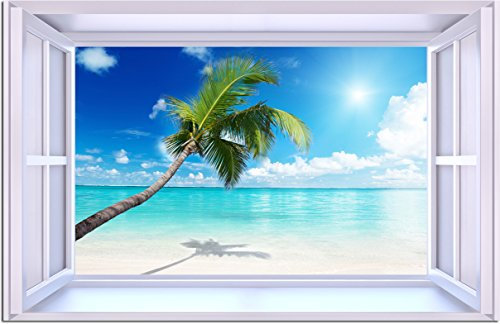 Quadro Finestra sulla Spiaggia - Moderno, Effetto Trompe L'Oeil, Stampa su Cotone Artistico | 130 x 84 cm