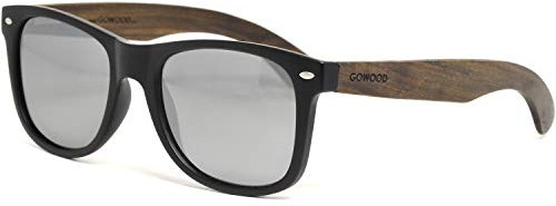 Sonnenbrille Damen & Herren Holz | Premium Ebenholzbügel Schwarzer Acetatrahmen | Holzbrille UV400 Polarisiert Gläser | Damen & Herren Sonnenbrille UV Schutz | (silber)