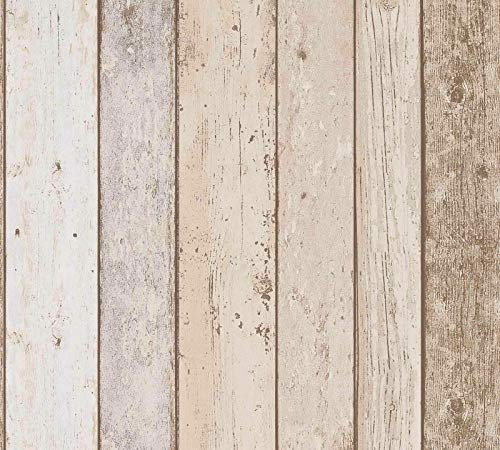 3D Effect Wood Panel Plank Wallpaper Distressed Cream Brown Beige from YöL