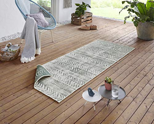 NORTHRUGS In- und Outdoor Teppich Biri 80x350cm - Wendeteppich Wetterfest Boho Style Vintage Design Läufer für Balkon Terrasse Garten Wintergarten Wohnzimmerteppich Wasserfest in Grün Creme