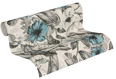 A.S. Création papier peint intissé Greenery papier peint fleuri 10,05 m x 0,53 m gris blanc bleu 372162 37216-2