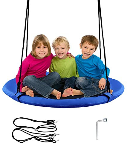 RELAX4LIFE Altalena da Giardino per Bambini, Altalena Rotonda a Nido per Esterno e Interno, Altezza Regolabile 100-160cm, per 2-3 Bambini, Carico massimo: 150kg (Blu)