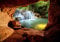 decomonkey Photo Wallpaper Waterfall 350 x 256 cm - Forest Landscape Wall Mural Non-Woven Murals Wall Art Fleece Modern Print Home Decoration Design Rock Cave View Nature Picture for Living Room