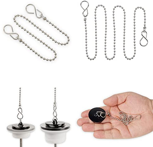 Cadena de tapón, 2 pzas, 1 x 35 cm y 1 x 65 cm de longitud total - Para bañeras, Ø 3,5 mm de conexión de perlas con gancho S, De acero inoxidable 304, Libre de óxido, Cadenas de reemplazo para tapones