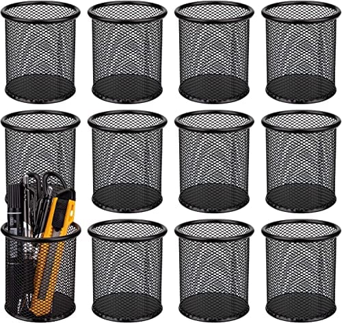 WUWEOT 12 Pack Metal Pen Holder Mesh Pencil Holder Desk Organizer Mesh Round Pen Cup Pencil Cup for Desk Office Pen Organizer, Black