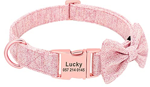 PET ARTIST Soft & Comfy Bowtie Dog Collar with Rose Gold Buckle - Personalized Dog Collar Girl with Name Plate Engraved - Adjustable Dog Collars Pet Gift for Small Medium Large Dogs,Pink,M
