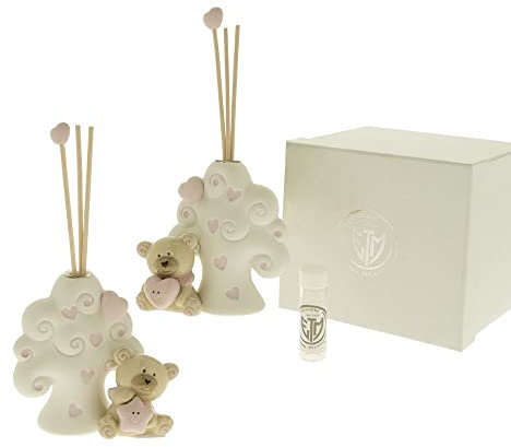 Formoso Bomboniera Profumatore Orsetto Porcellana Beige e Rosa Albero della Vita Nascita Battesimo h 10 cm con Scatola Set 2 pz Art 03A006