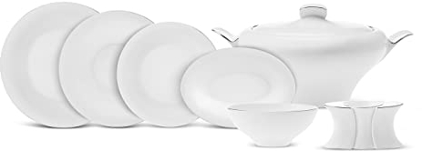 Karaca Fine Pearl Extra Argento Dinner Set for 12 People-62 Piece Dinnerware Set with Dinner Plates, Pasta Bowls, Side Plates, Cereal & Soup Bowls,Serving Platters,Salt&Pepper Shakers, White Platinum