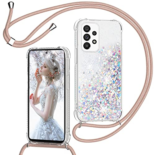 TUUTPU Coque pour Samsung Galaxy A53 5G avec Cordon, Paillette Liquide Étui pour Téléphone avec Lanière, Transparent Silicone Collier Réglable Protection Housse Portable Lanyard Case, Or Rose