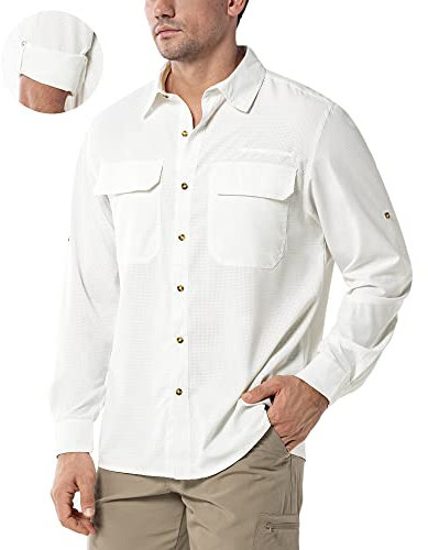 33,000ft Men's Long Sleeve Shirts UV Protection Safari Button-Down Shirt Breathable Wicking Quick Drying Outdoor Top with Pockets for Hiking Fishing Golfing,White XL