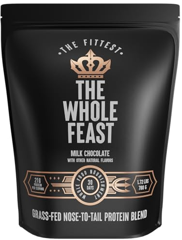 The Fittest Whole Feast Beef Protein Powder - Milk Chocolate - Grass Fed Nose to Tail Carnivore Blend Including Liver, Colostrum and Whole Bone - BCAAs - 14g Collagen, 21g Total Protein