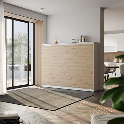 Generisch Schrankbett 140x200 cm Horizontal W2 Klassik Platinweiss/Wildeiche mit patentierten Gasdruckfedern