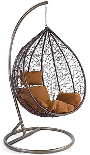 RAMROXX Luxus Hängesessel Miami XXL Polyrattan Korb braun Gestell braun Kissen Hellbraun