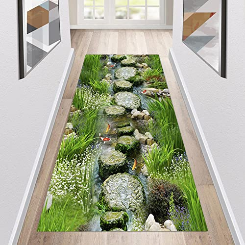 Teppich Läufer Flur rutschfest Küchenläufer Waschbar 3D Druckmuster 60X200CM Grün Korridor Teppichläufer Lang Küchenteppich Für Küche Wohnzimmer Schlafzimmer Teppichläufer Meterware Anpassbar