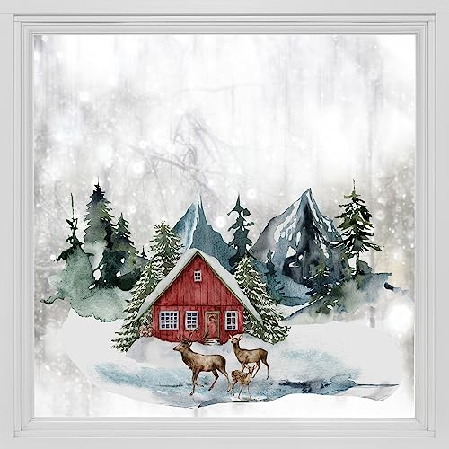Alwayspon Statische Fensterfolie Privatsphäre, Doppelseitiger Fensteraufkleber, Anti-UV-Glasfolie für Weihnachtsdekoration, Hirschhütte Winterwald T037