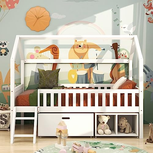 Daesar Rausfallschutz Kinderbett mit Schubladen, Hausbett Kinder 90x200 Holz, Bettgestell mit Lattenrost, Modern Holzbett Weiß für Kinder Mädchen